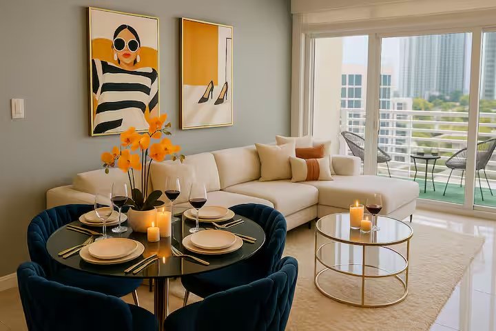 Living and dining area opening to the balcony